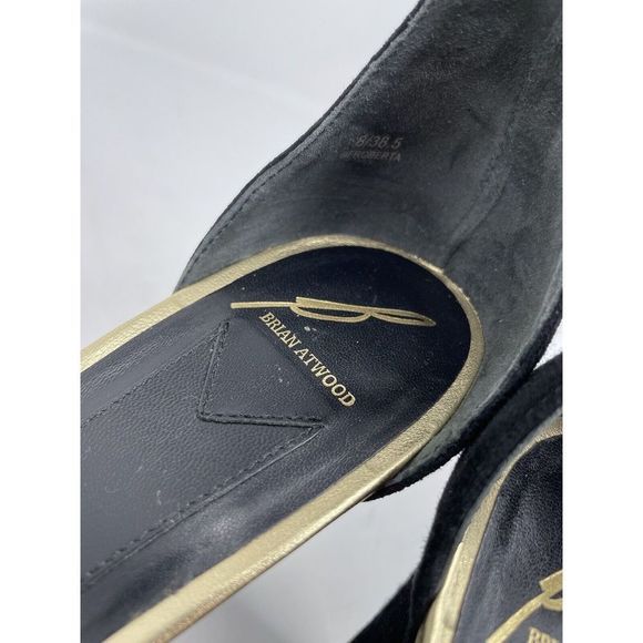 BRIAN ATWOOD Heels Womens 8 Black Suede Wedge Sandals Ankle Strap Gold Detail - Picture 8 of 11